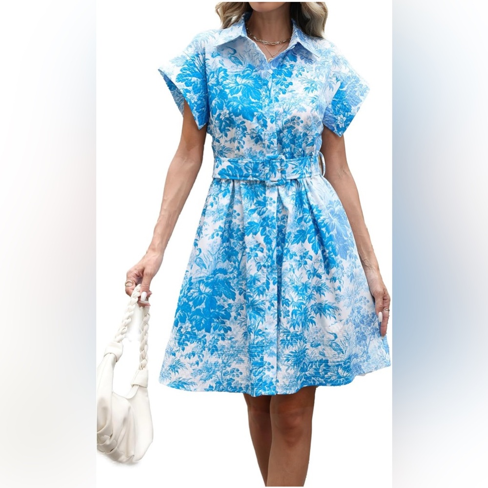 Women’s Blue Floral Shirt Dress - Button Down Mini with Belt, Size Large- NEW